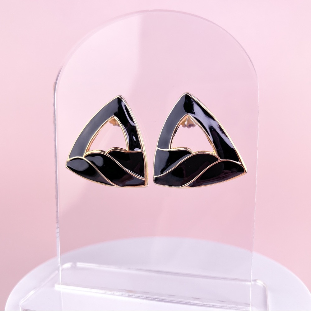 Vintage 80s Black Gold Art Deco Style Statement Stud Earrings